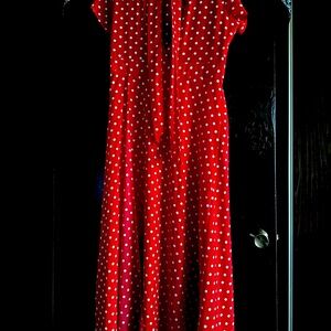 1970’s Long red and white polka dot dress with ribbon
